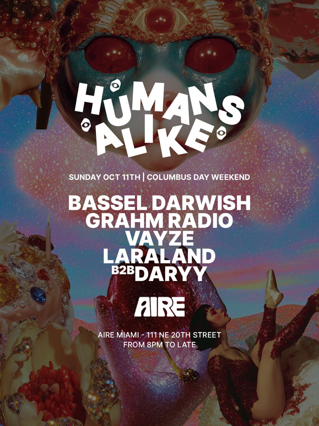 Flyer for Humans Alike at AIRE Miami, Sunday, October 11