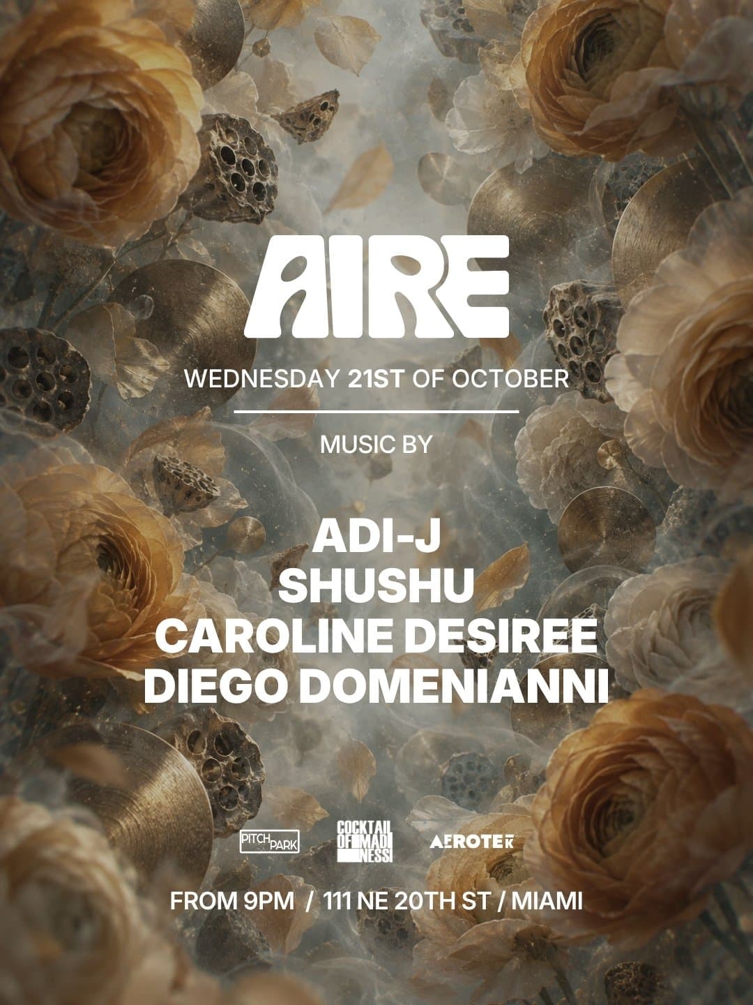 Flyer for Adi-J, Shushu, Caroline Desiree and Diego Domenianni at AIRE Miami, Wednesday, October 21