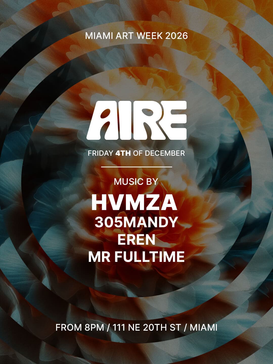 Flyer for HVMZA (Miami Art Week) at AIRE Miami, Friday, December 4
