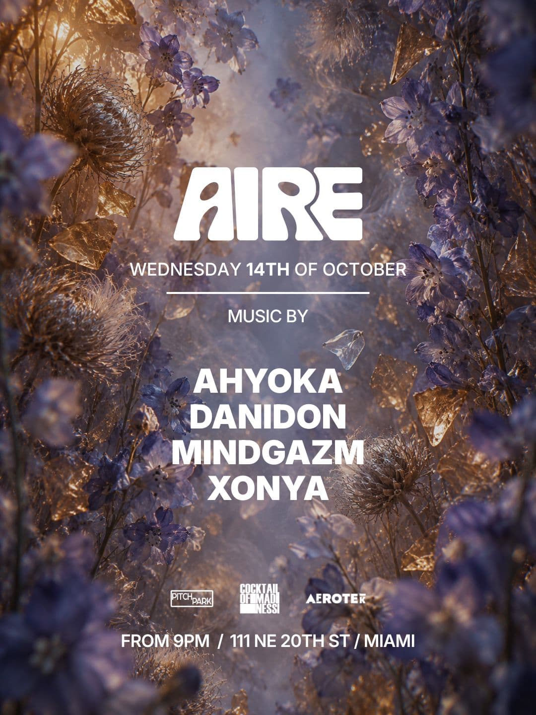 Flyer for Ahyoka, Danidon, Mindgazm and Xonya at AIRE Miami, Wednesday, October 14