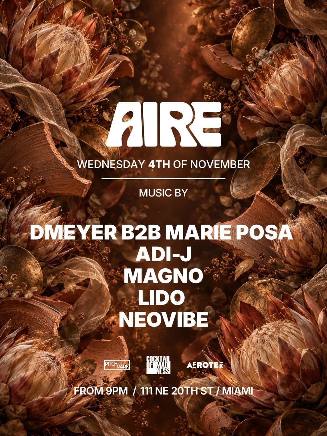 Flyer for DMeyer b2b Marie Posa & More at AIRE Miami, Wednesday, November 4